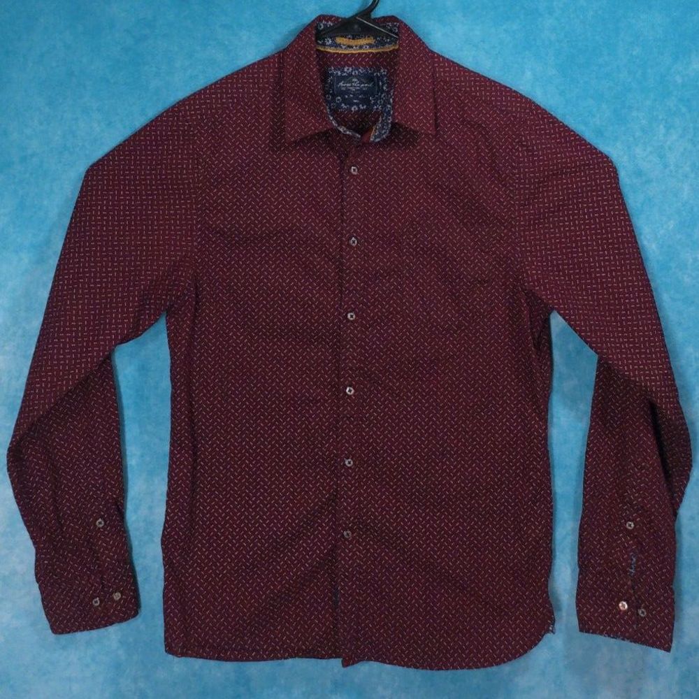 Across the Pond Men's Long Sleeve Button Up Shirt, Red, Cotton, Size Small